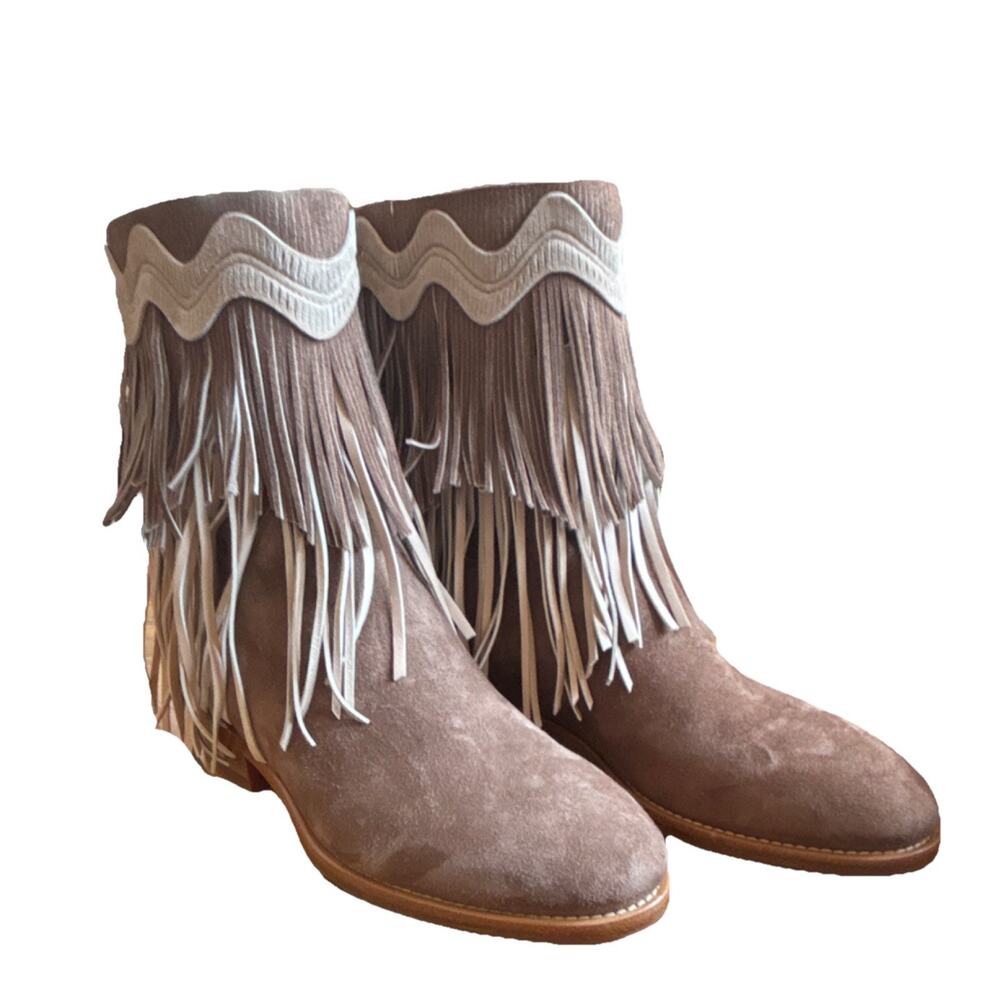 Santoni Beige Suede Fringe Western Mid-Calf Boots Closed Toe Sz 36